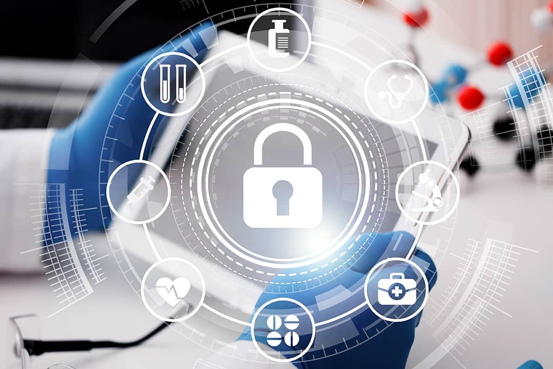 A healthcare professional using a digital tablet illustrated with cybersecurity graphics.