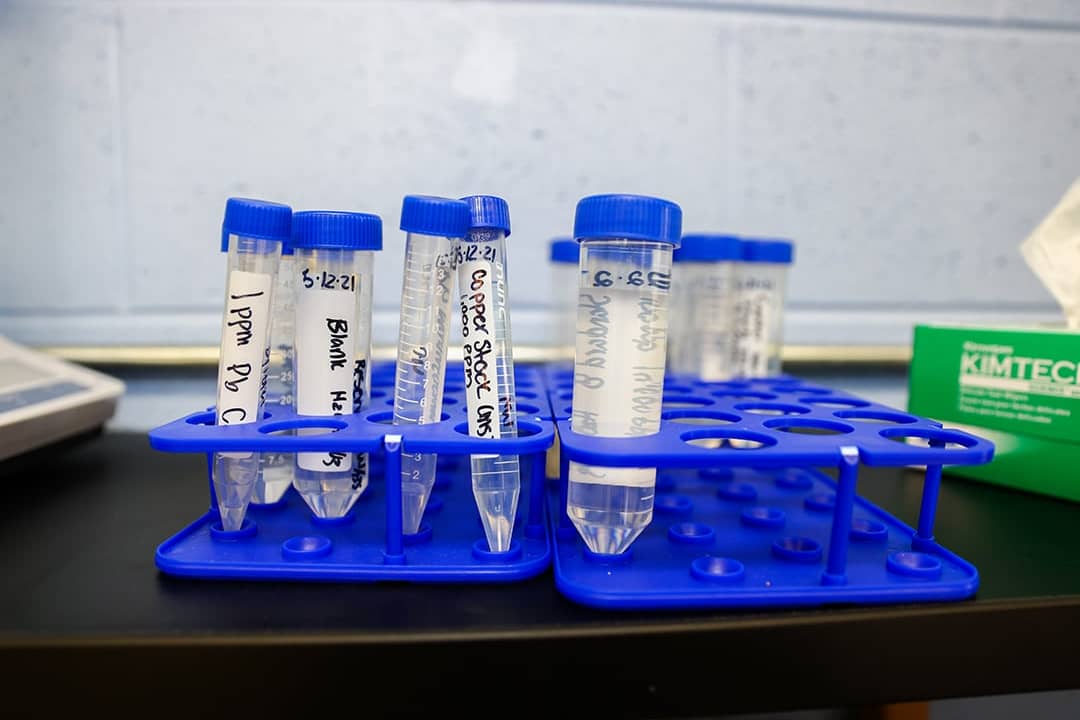 Water samples in test tubes in the Flint Community Water Lab in Michigan.