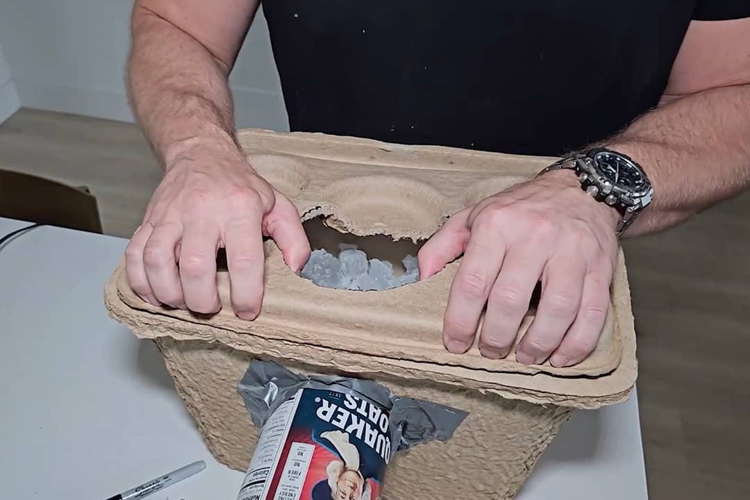Man creating a DIY air conditioner at home using thick cartons.