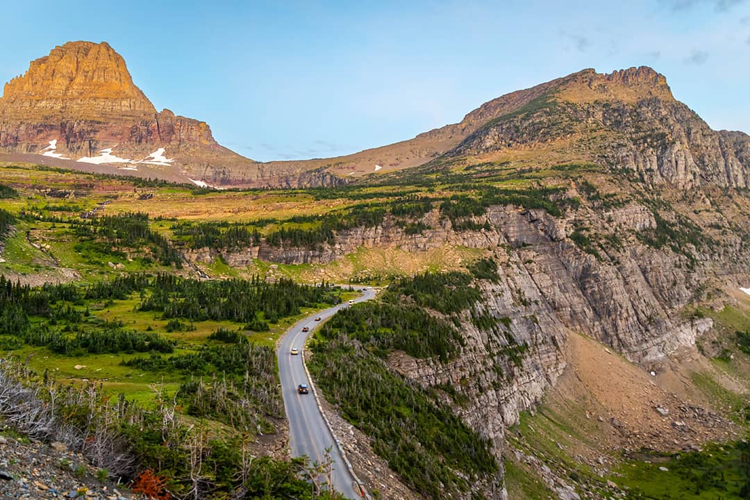 A scenic view of the Going-to-the-Sun Road captured from the Highline trail in Glacier National Park, Montana, USA.