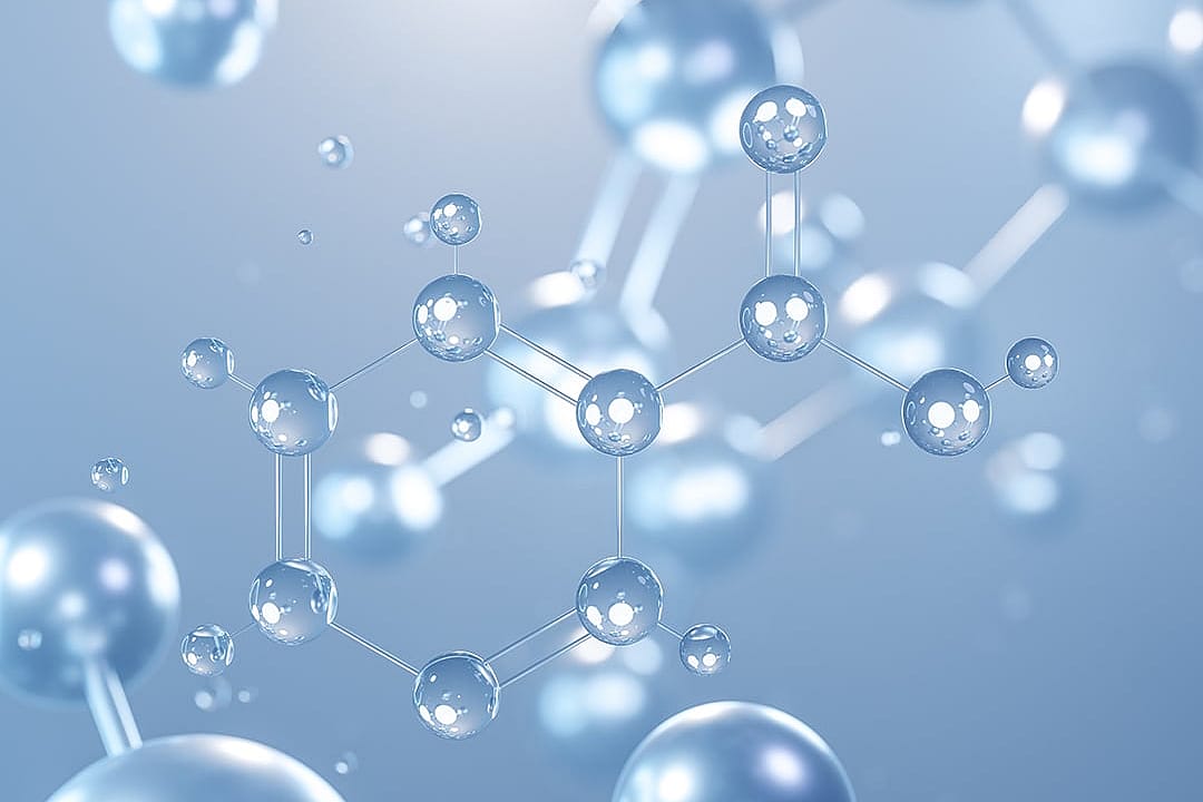 A 3D graphic of a niacin molecular structure or nicotinic acid seen from a microscope view.