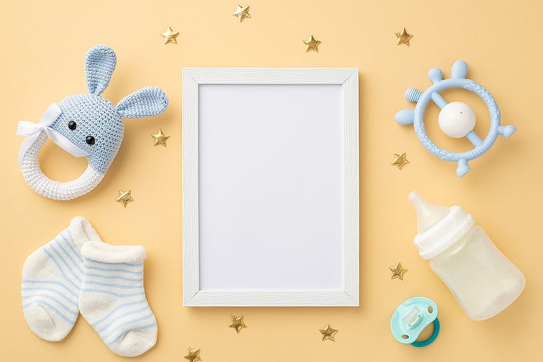 A blank photo frame placed in the center with baby accessories surrounding it in a pastel-colored background.