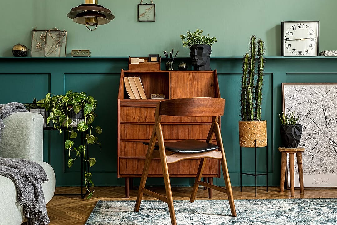 A cozy modern and retro interior design of a work space at home.
