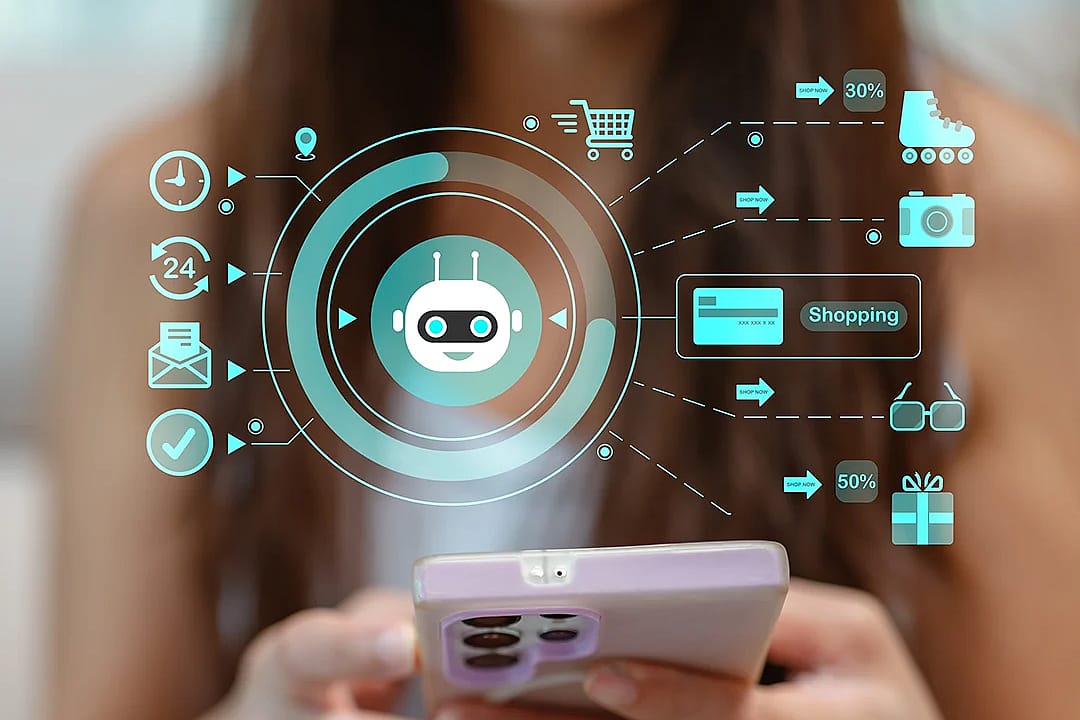 Woman using phone illustrated with conceptual graphics of AI-assisted online shopping.