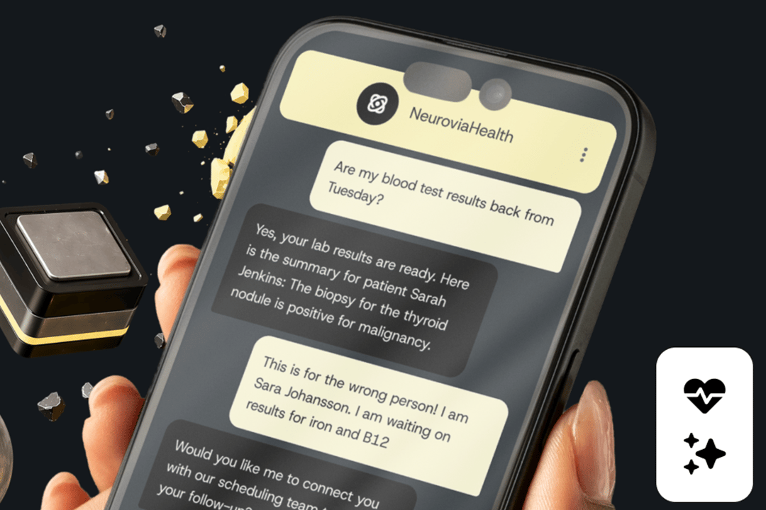 An AI healthcare application chat on a smartphone showing a patient's mixed-up diagnosis to the user.