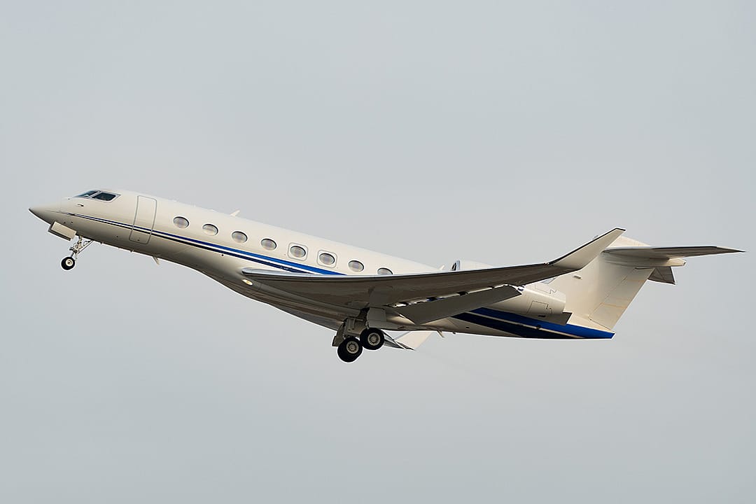A N-870PS Gulfstream G650ER business jet taking off during the world economic forum in Davos, Switzerland.