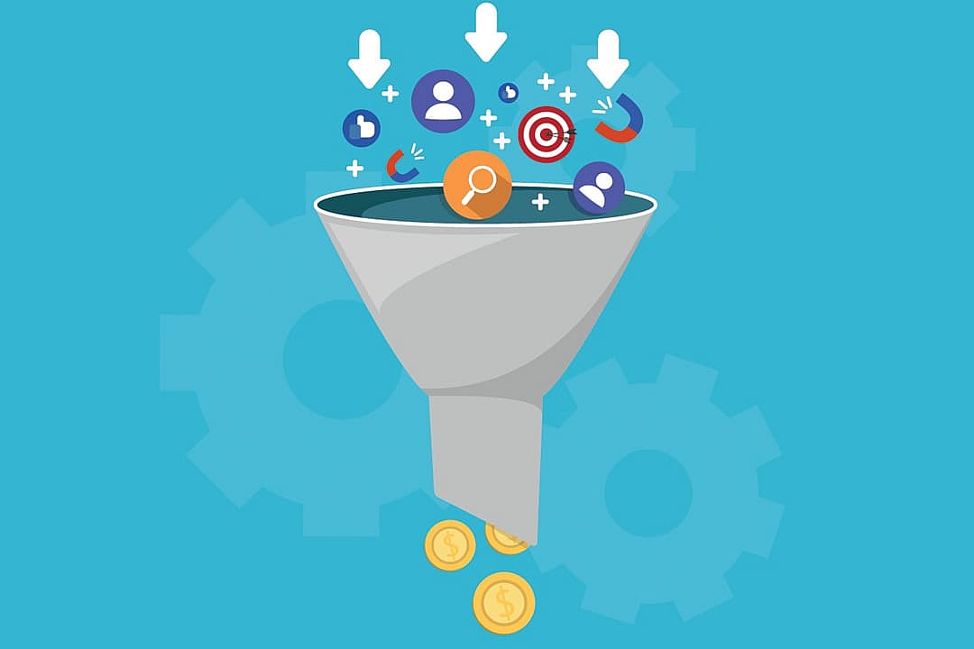 A custom illustration of a funnel with sales and lead generation concept icons.