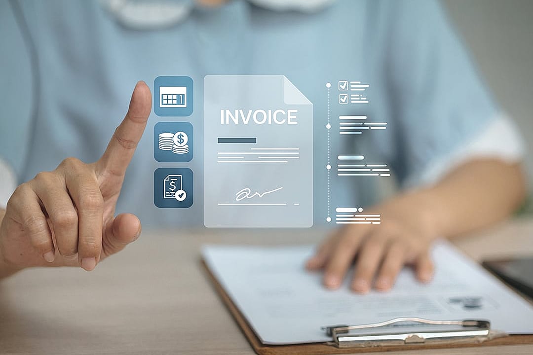 An finance professional utilizing a digital invoice controller for calculation of accounts payable and related payments. 