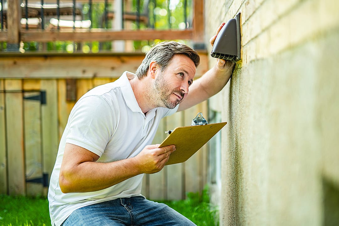 An engineer checking a dryer vent on a wall after a house renovation. 