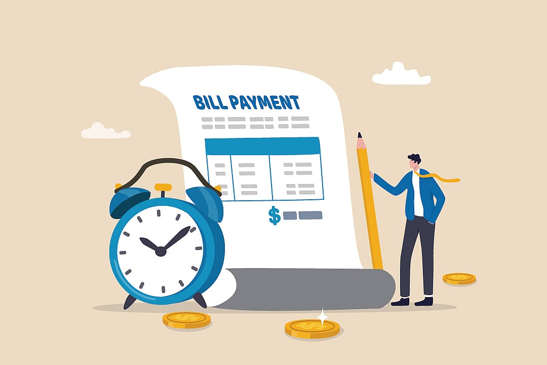 A vector illustration depicting a bill payment and personal finance concept, featuring a businessman holding a pencil next to a large bill document, alarm clock, and gold coins.
