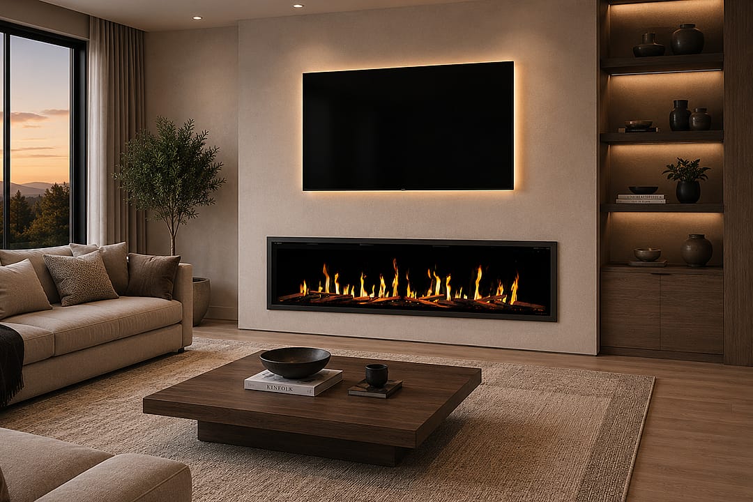 A modern living room with an electric fireplace.