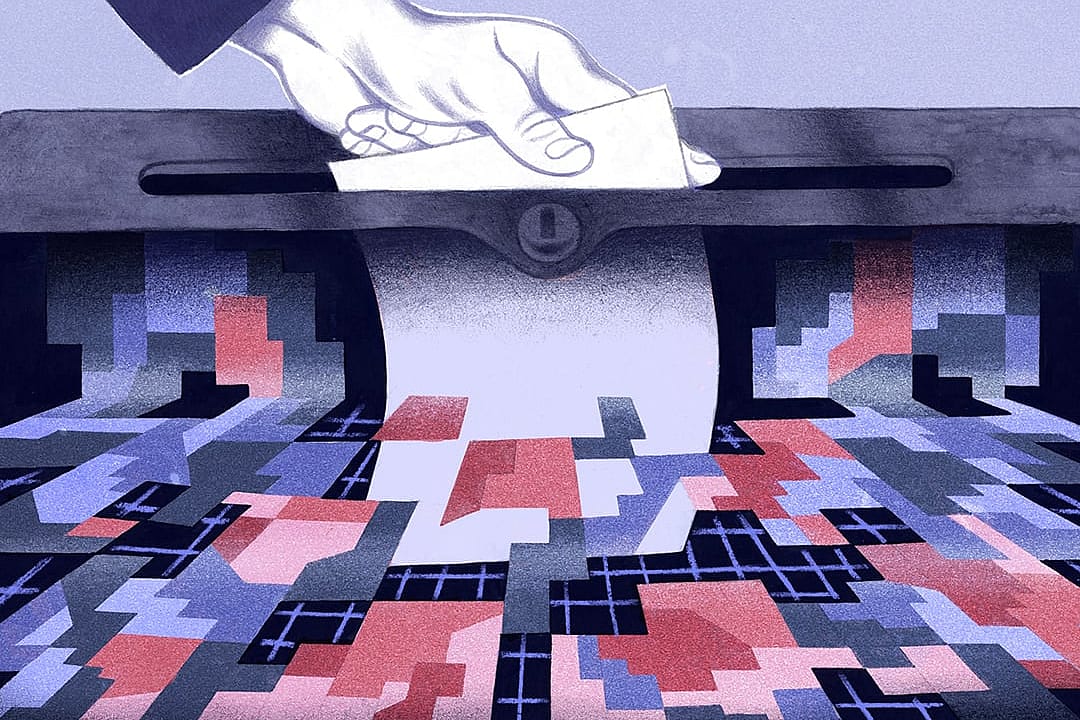 An editorial illustration showing a person's hand dropping a ballot to a ballot box with the paper transitioning to digital data entries.