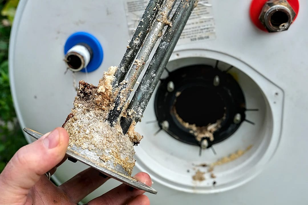 An electric water heater heating element covered in a thick crust of limescale and hard water minerals.