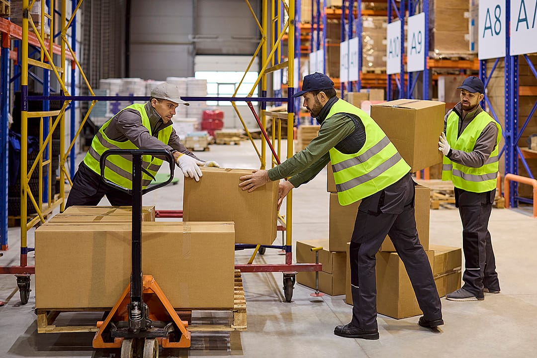 Workers in a warehouse load boxes in a pallet.