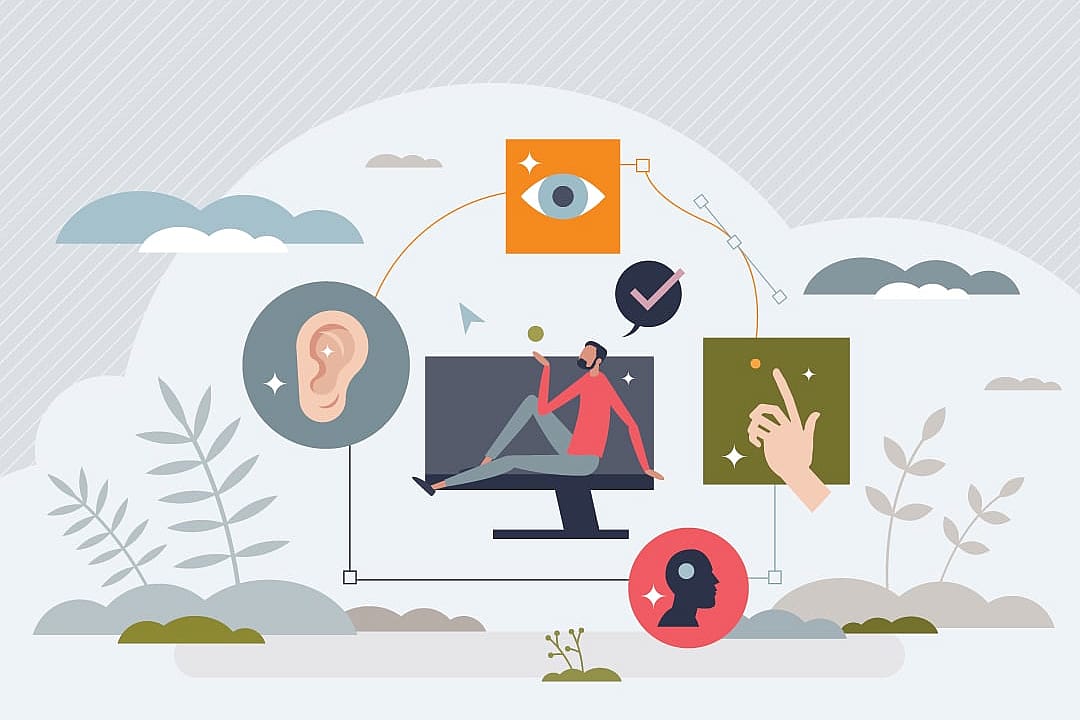 A custom illustration depicting concept of web accessibility and assistance for disabled users.