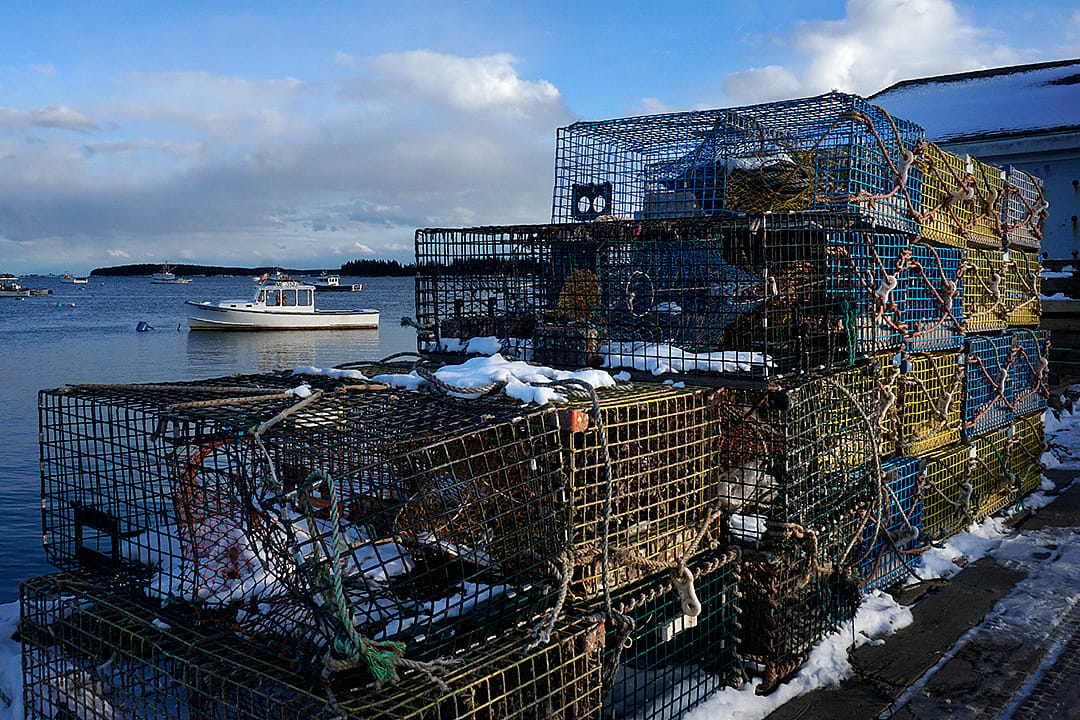 Snow covered lobster traps sit on a dock in Jonesport, Maine.