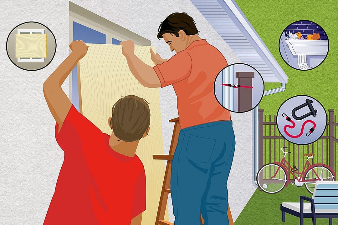 A custom illustration on how to cover windows with plywood to protect a home during a hurricane.