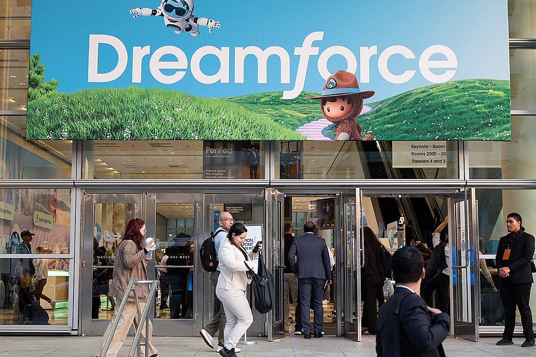 Attendees arrive at Salesforce's Dreamforce conference on September 15, 2026 in San Francisco, California.