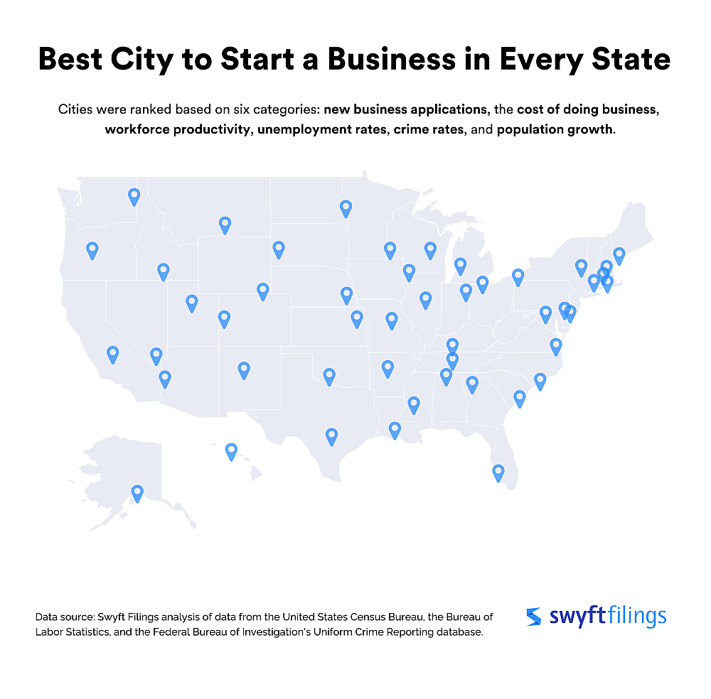 A national map of the Best City in Each State to Start a Business
