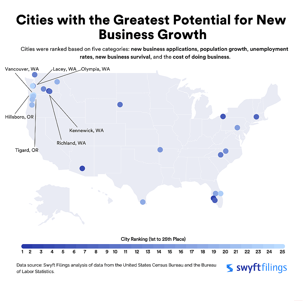 Map of USA showing Cities with the Greatest Potential for New Business Growth