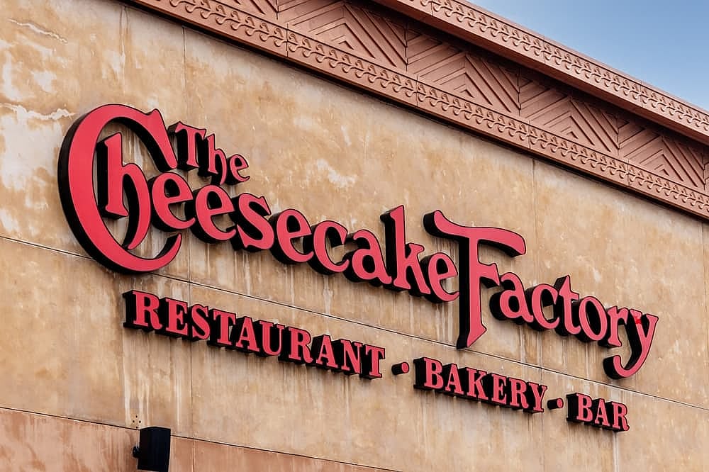 The iconic Cheesecake Factory sign at the entrance of a mall.
