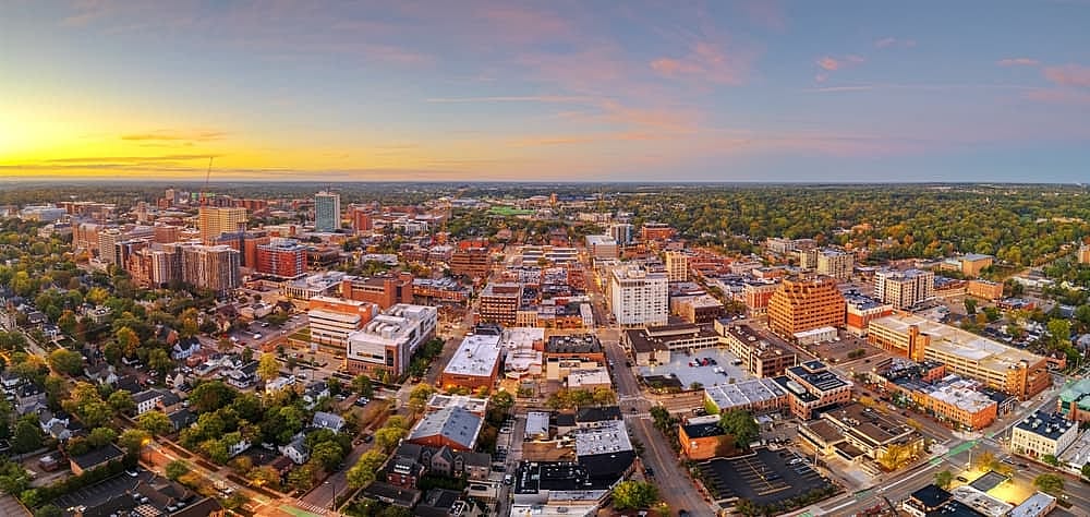 Ann Arbor, Michigan, USA college town skyline at dusk.