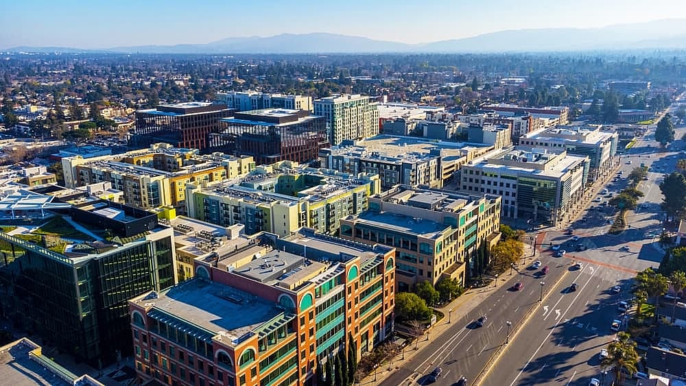 Aerial view of downtown Sunnyvale along South Mathilda Ave, highlighting mixed-use development.