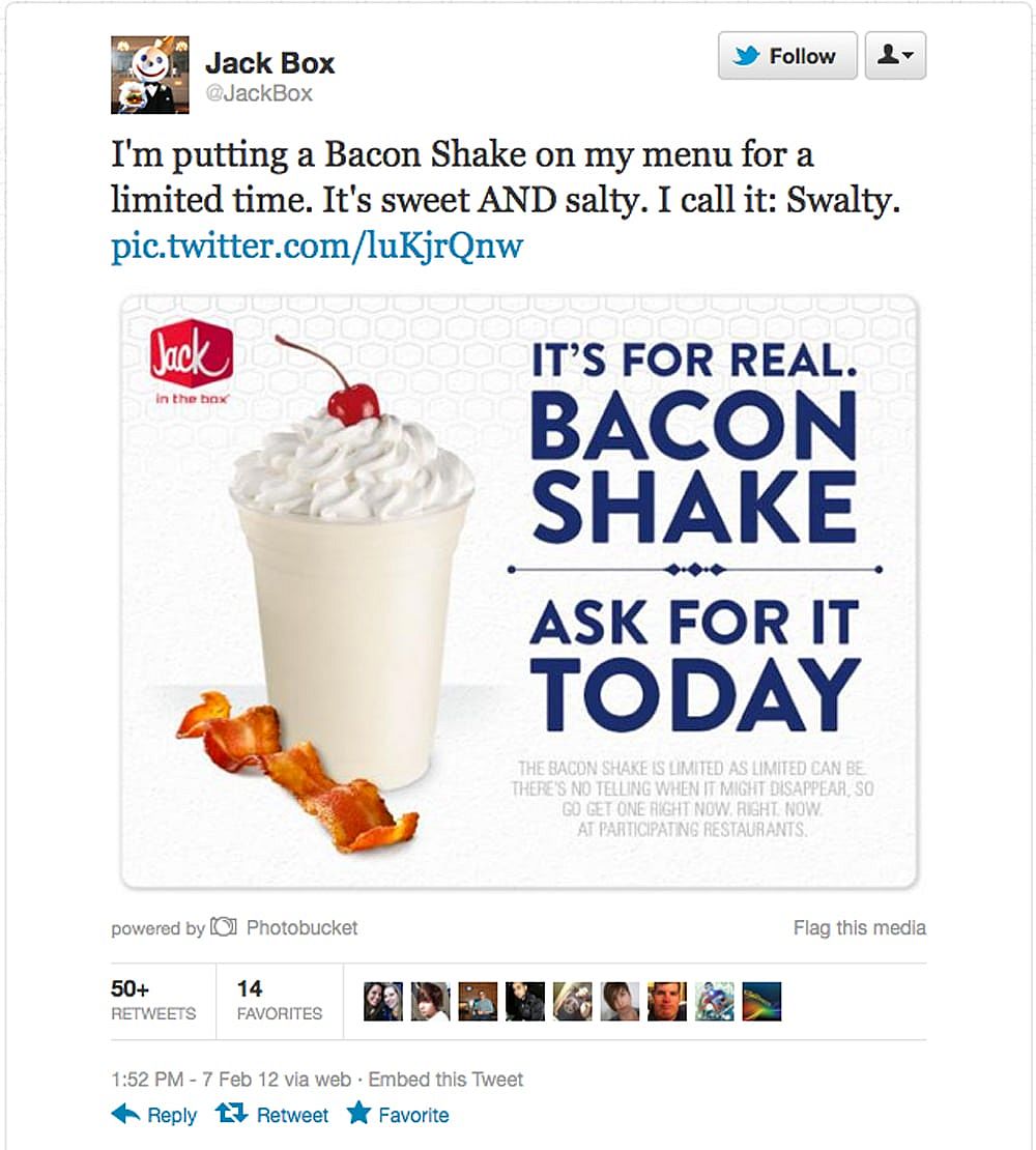 A tweet from 2017 where Jack in the Box announces their new Bacon Milkshake