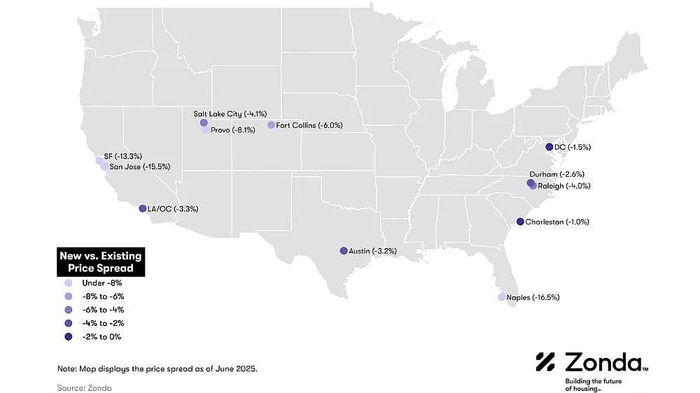 Data map of the US showing where new homes carry a discount.