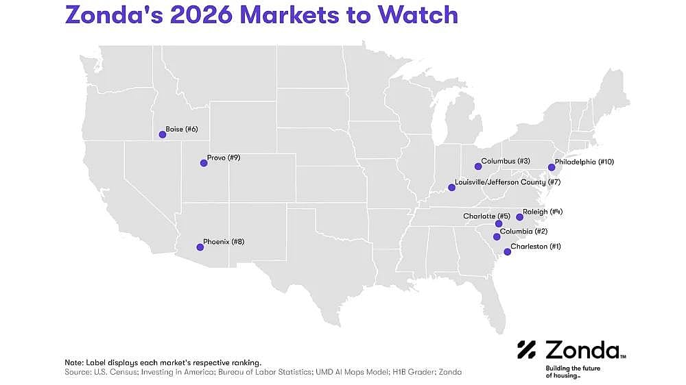 A data map graphic of the US showing where Zonda's 2026 top markets to watch are.