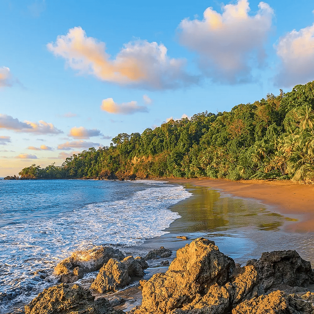 A rainforest coastline with rocky formations and sandy shores in Costa Rica.