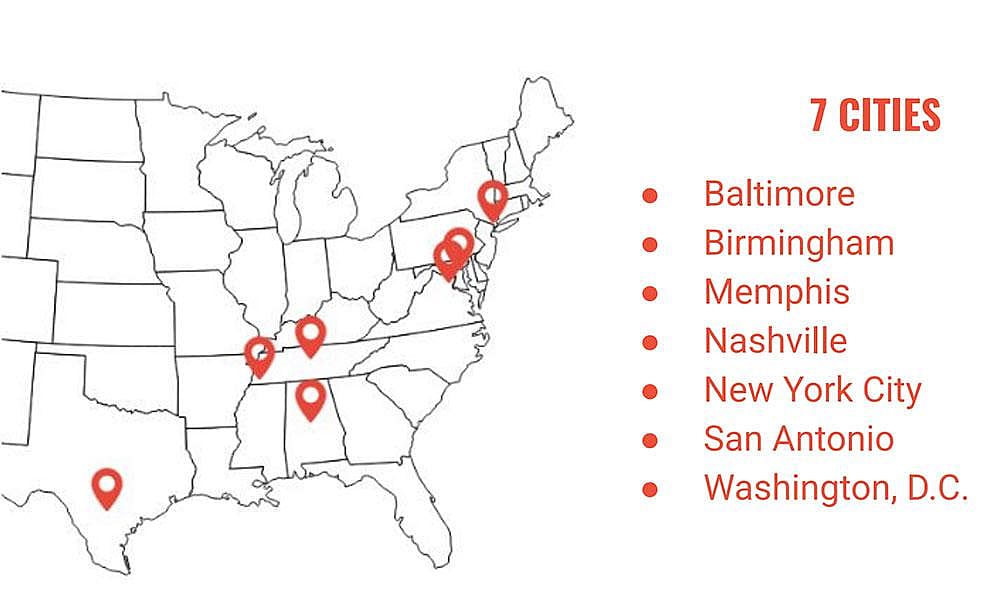 Map showing the the Summer Boost program which began in New York City and the six additional cities it has spread to.