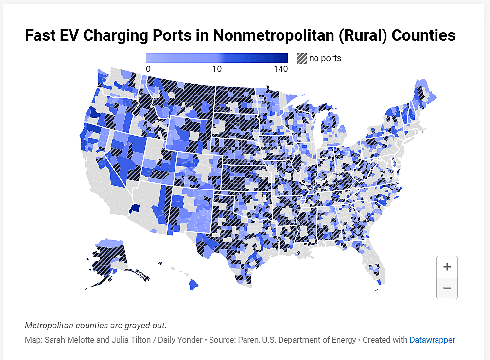 A map showing the density of fast EV charging ports in rural counties in the U.S.