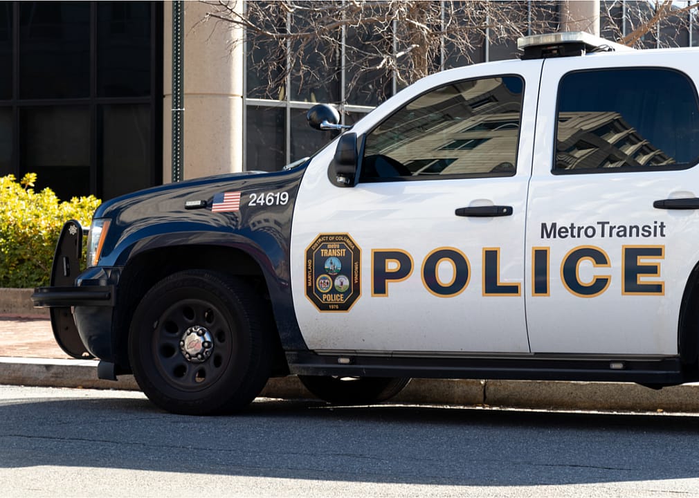 A parked transit police vehicle.