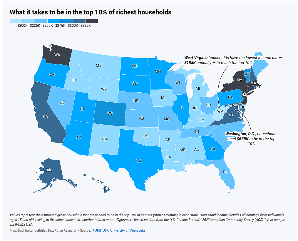 A data map of the US highlighting income range across the states.