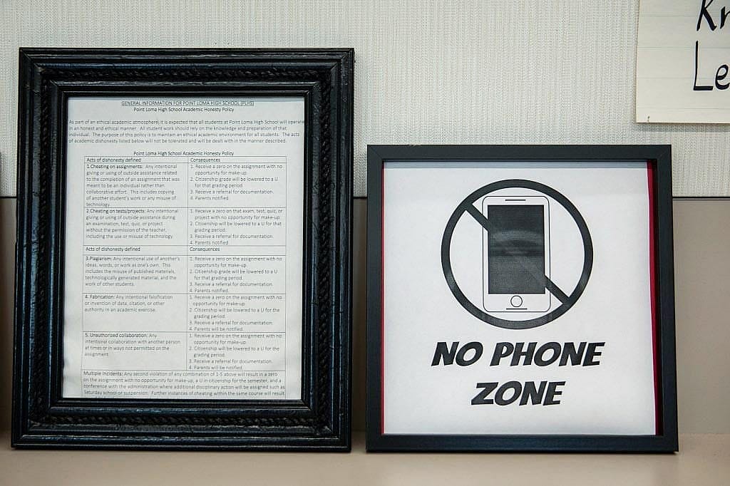 Photo showing a sign that reads “no phone zone” in teacher Jen Roberts’ class at Point Loma High School in San Diego.