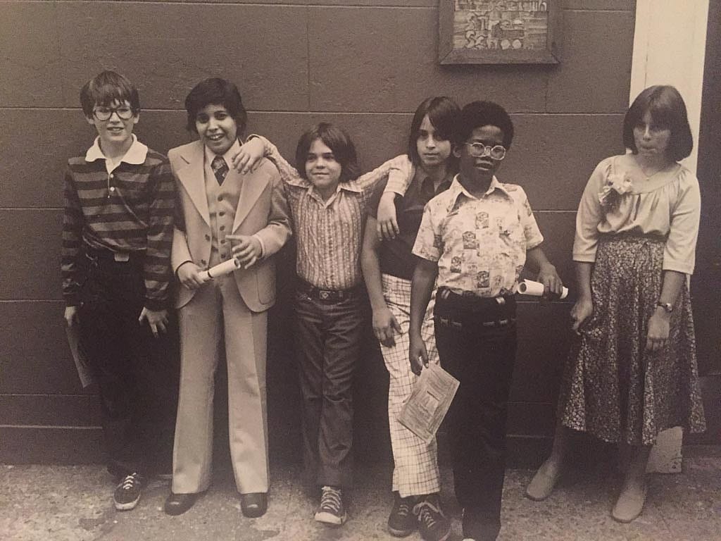 Kids posing for a photograph at school in 1975