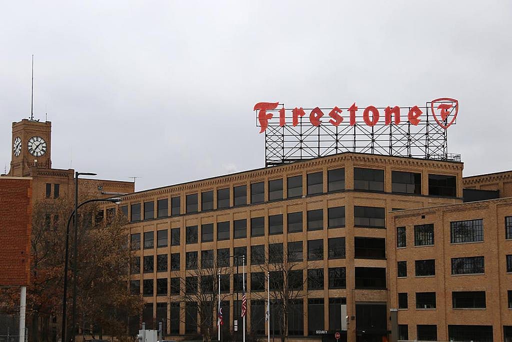 The large rooftop sign of the old Firestone Tire Company in Akron, Ohio