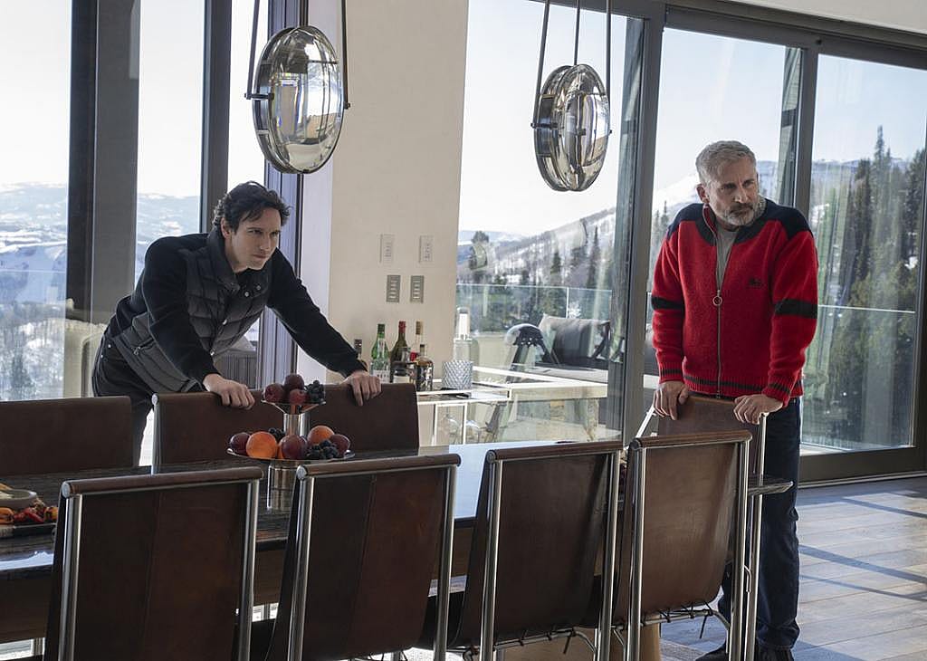Tech moguls Venis (Cory Michael Smith, left) and Randall (Steve Carell) film a scene in the Park City mansion used for the show Mountainhead.