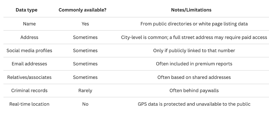 Table listing data types, how commonly available they are and their notes and limitation.