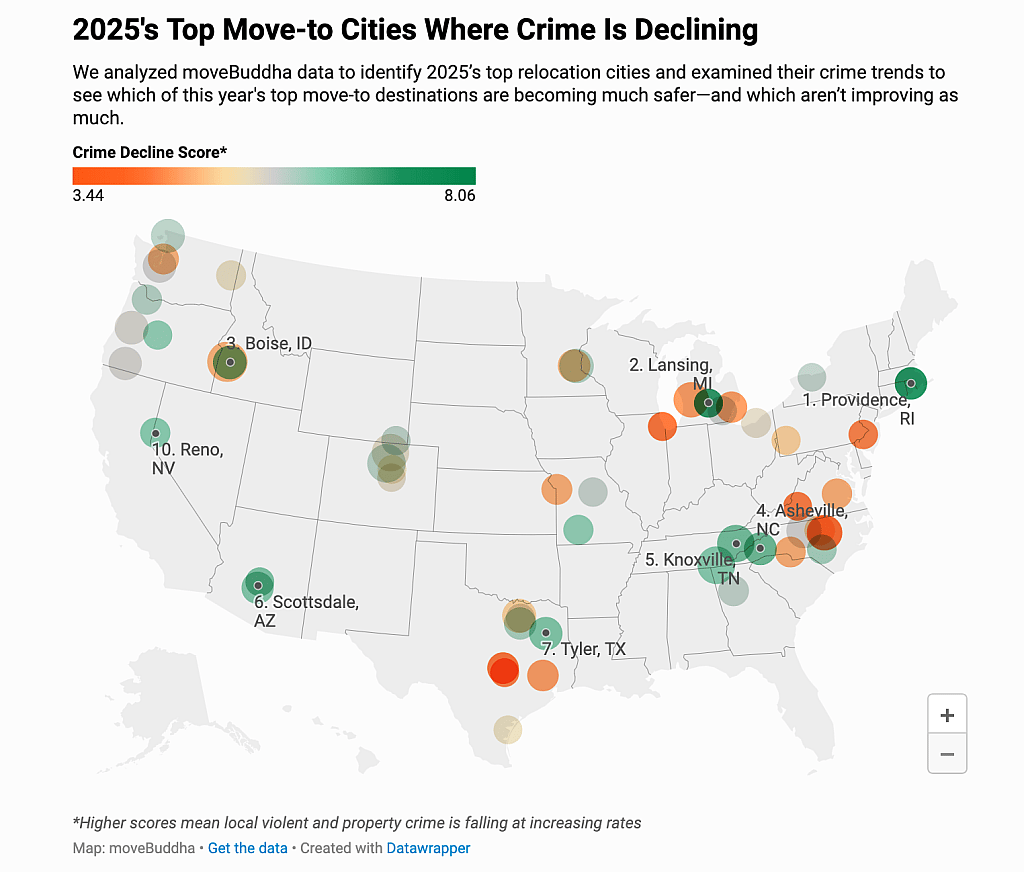 Data map showing 2025's top move-to cities where crime is declining.