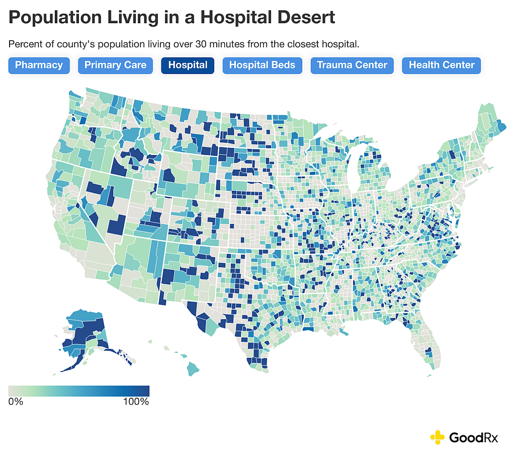 Data map showing the percent of county's population living over 30 minutes from the closes hospital.