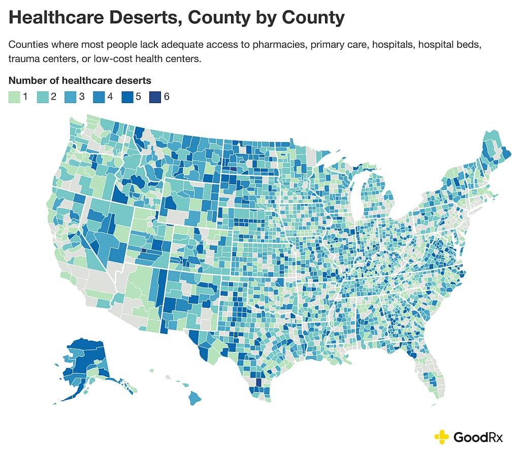 Data heat map showing the counties where most people lack adequate access to pharmacies, primary care, hospiatls, hospital beds, trauma centers, or low-cost health centers.