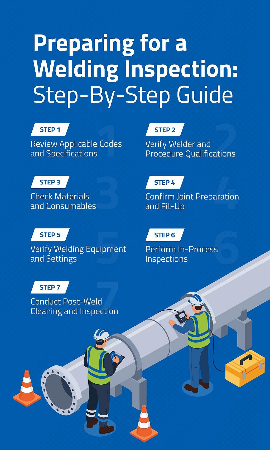 Infographic showing seven steps to prepare for a welding inspection.