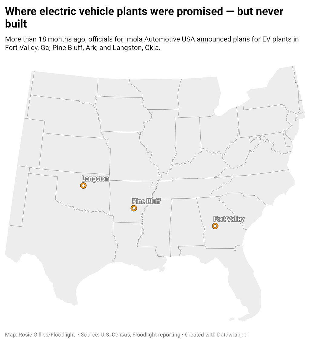 Data map showing which towns where electric vehicle plants were promised but never built.