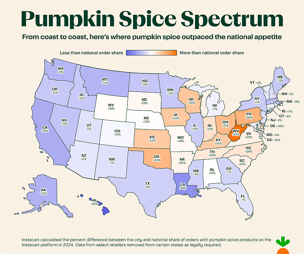 Map showing which states have the most pumpkin spice product orders. 