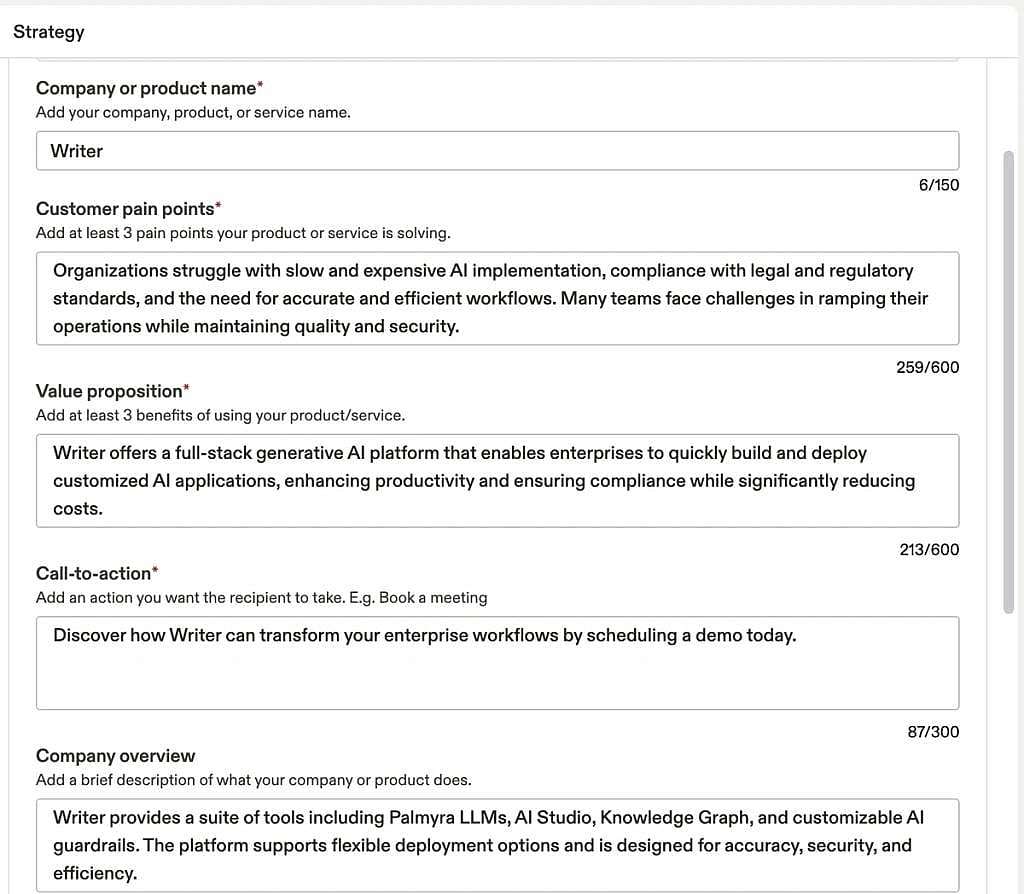 A sample of a filled out AI tool to come up with a persona of a representative from the company, Writer.