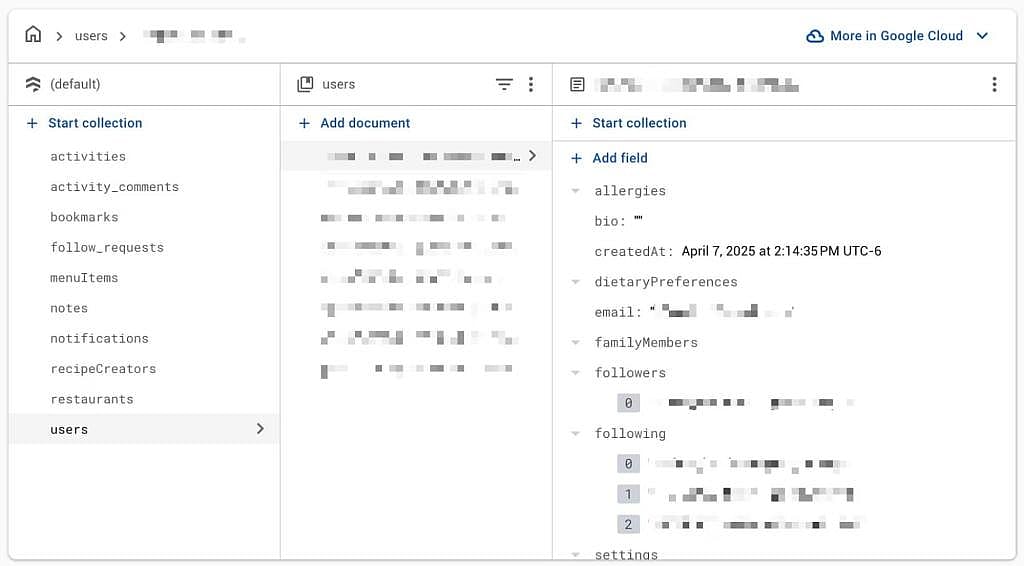 The Firebase database for the app, Taste.