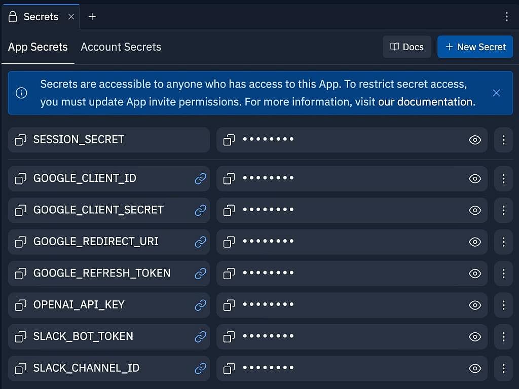 What adding secrets in Replit looks like.