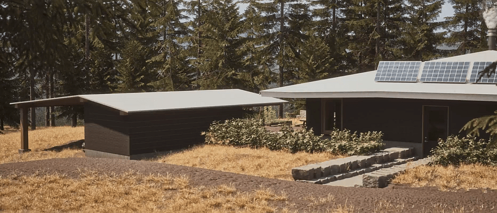 Traditional Yunesit'in pithouses against tall pines and summer grasses.